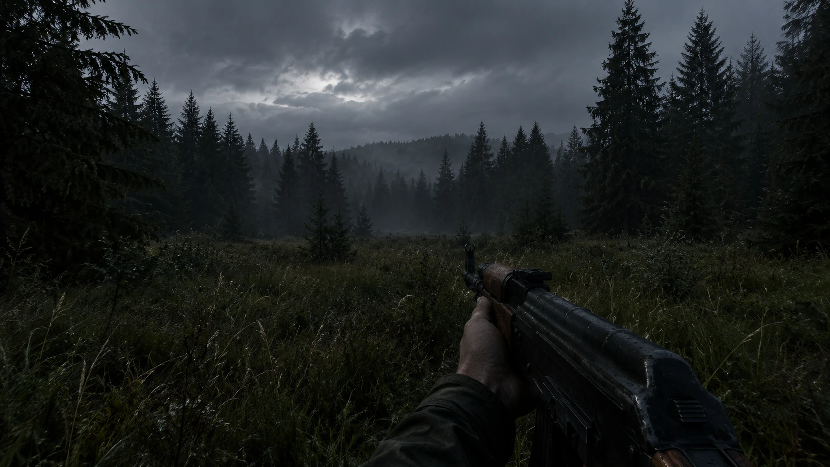 First-person night view of a forest, from the survival game Apocalypse